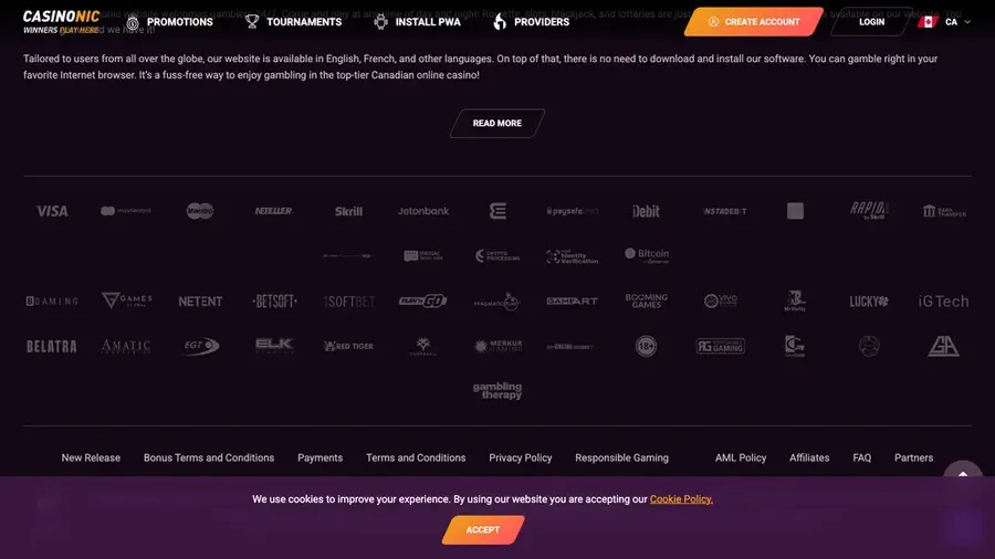 The Casinonic footer logo wall: nineteen payment marks including Interac, iDebit and Instadebit, above rows of studio logos