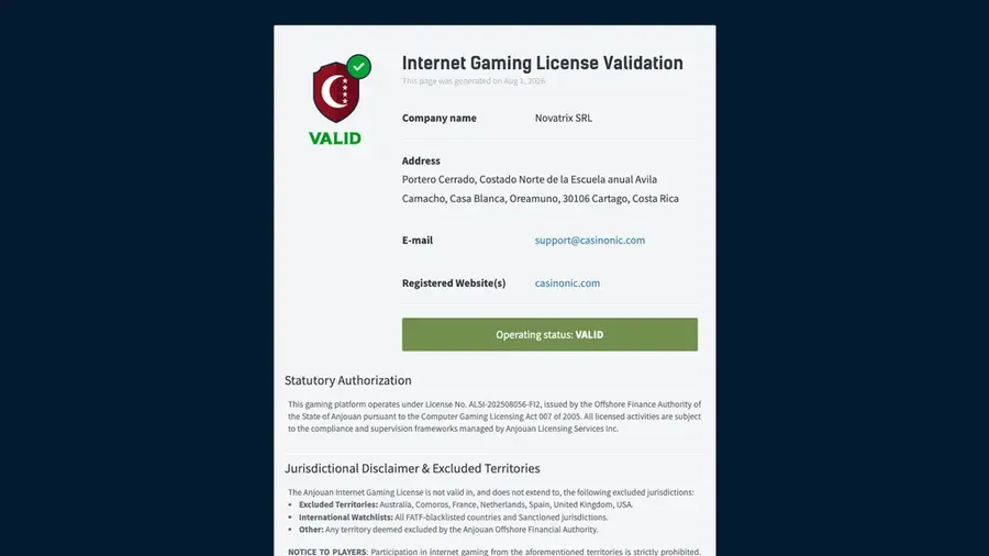 The Anjouan Gaming validation page for casinonic.com, naming Novatrix SRL and reading Operating status: VALID