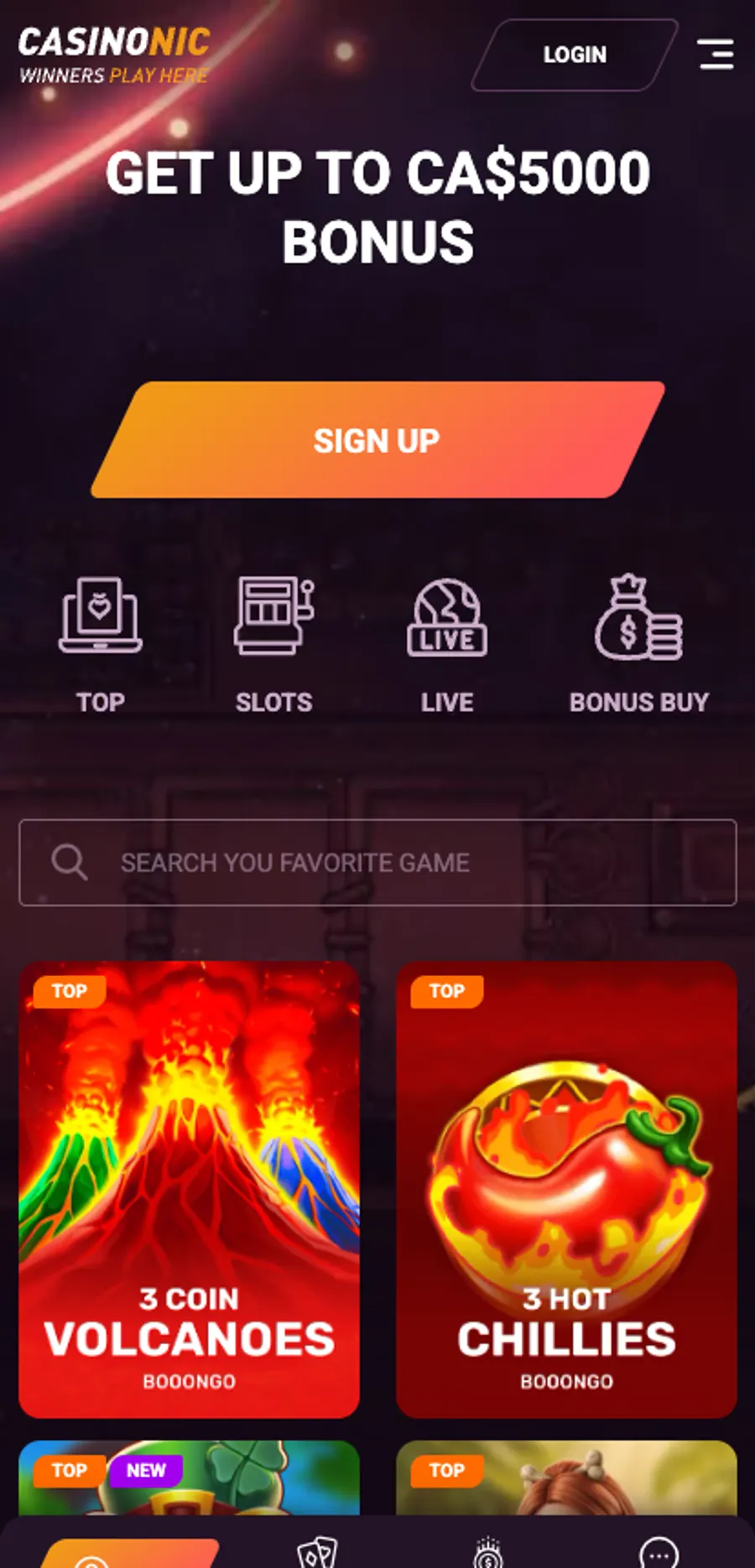 Casinonic on a phone-sized viewport: the same purple lobby with a bottom tab bar