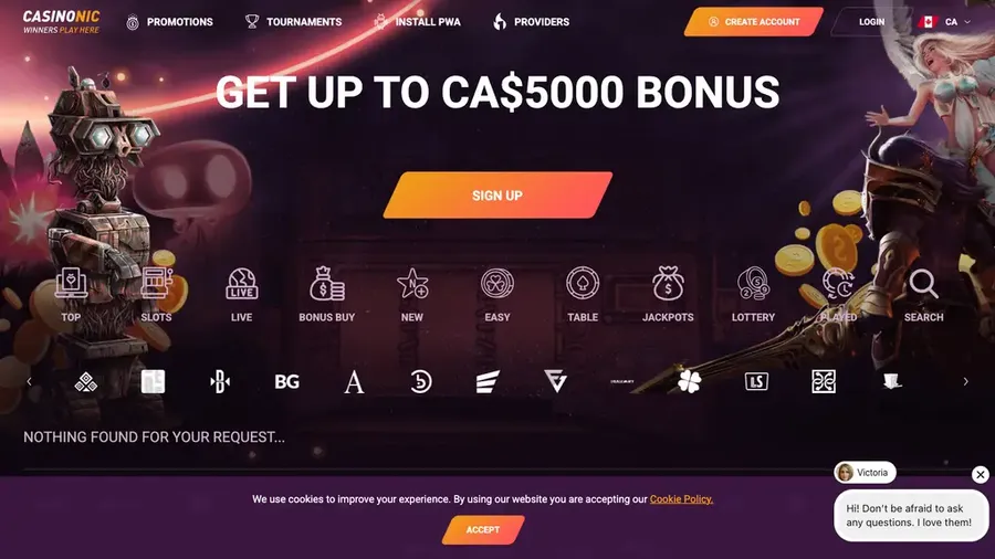 The Casinonic NetEnt studio page, empty, reading Nothing found for your request
