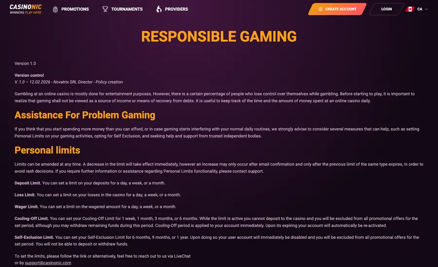 The Casinonic responsible gaming page listing deposit, loss, wager, cooling-off and self-exclusion limits
