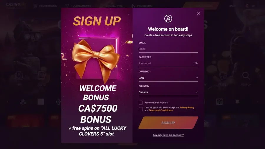 The Casinonic registration modal, opened from Montreal: WELCOME BONUS CA$7500 beside a form with CAD and Canada already selected